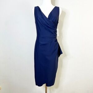 Alex Evenings Navy Blue Surplice VNeck Sheath Dress Crystal Brooch Ruched Size 6
